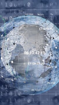 Animation of binary coding and financial data processing over spinning globe against blue background