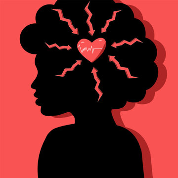 female head silhouette in profile with a red heart and pulse wave inside her brain, symbolizing woman's psychological health, love, romantic thoughts, and therapy.