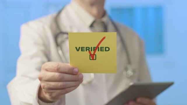 Medical professional in a white coat with a stethoscope holding a digital tablet and showing a yellow sticky note with the word 'verified' and a checkmark, symbolizing approved results