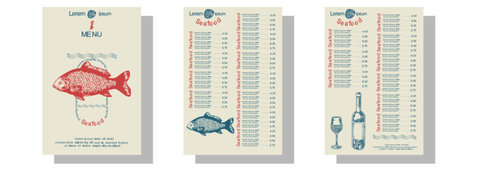 Seafood Restaurant menu template with seamless pattern set. Fish illustration minimalist layout, anchovy Ocean sea fish cuisine card background branding design