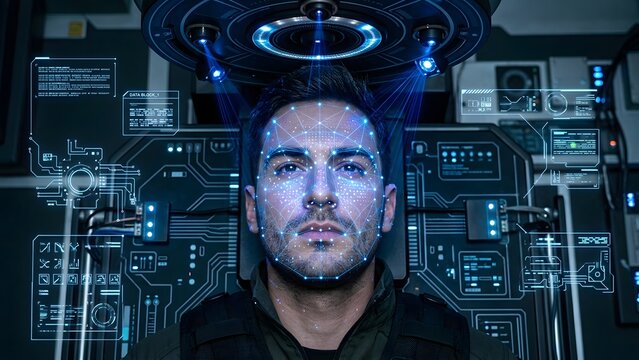 Futuristic facial recognition system scanning a man's face with blue digital grid and data visualization