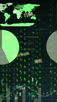 World map, charts and data processing on black background