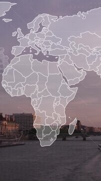Animation of shapes and world map over london cityscape