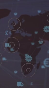 Animation of network of connections and digital icons against world map on blue background