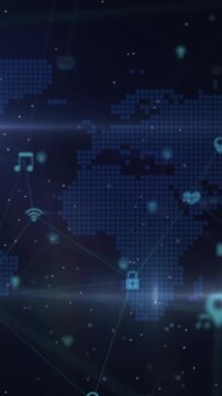 Animation of network of digital icons and light spots against world map on blue background