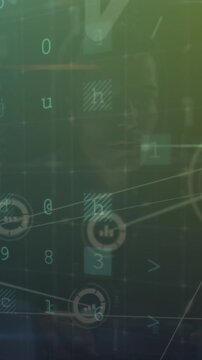 Animation of connected icons over text, letters, symbols and numbers against abstract background