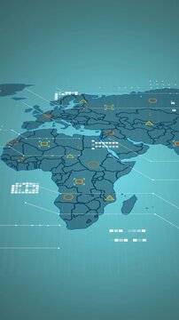 Animation of data processing over world map against blue gradient background