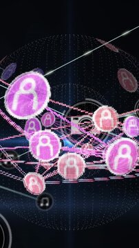 Animation of network of digital icons over spinning globe and blue light trails on black background