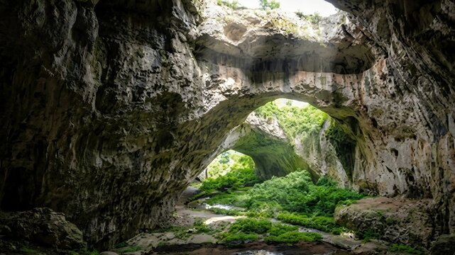 Giant Karst Cave Interior with Natural Skylights and Lush Green Vegetation