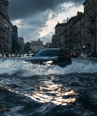 Obraz premium The car is driving along a flooded street, the water reaches the windows