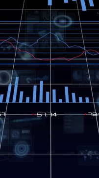 Animation of financial data processing over world map on dark background