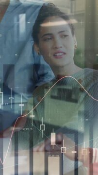 Animation of financial data processing over diverse business people in office