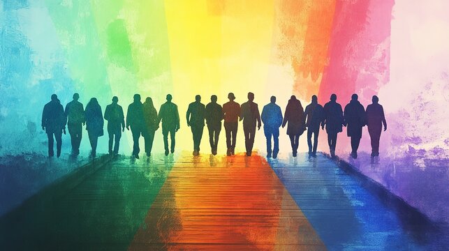 People from various backgrounds walk hand in hand across a vibrant rainbow bridge. This magical scene celebrates inclusion, connection, and harmony in a sunny landscape
