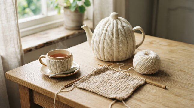 Cozy Knitting Session: A warm cup of tea sits beside a teapot with a cable-knit design, alongside a ball of yarn and knitting needles on a wooden table, evoking a sense of calm and domestic bliss.