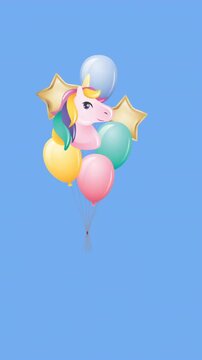 Unicorn and colorful balloons floating, star shapes animation on blue background