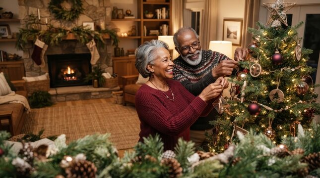 Christmas Cheer: An elderly couple decorates a festive Christmas tree in a cozy, warmly lit living room, with a fireplace casting a comforting glow in the background.