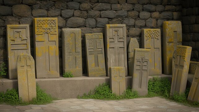 Carved khachkars arranged against ancient stone wall.