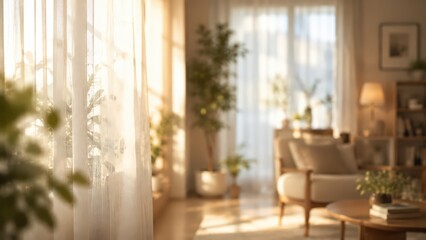 Fototapeta premium Sunlight streams through sheer white curtains into a cozy living room, creating a soft and peaceful atmosphere. The blurred interior features indoor plants and comfortable furniture.