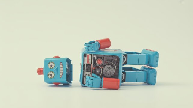 Disassembled blue tin robot with exposed gears