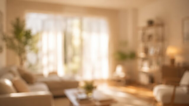 Softly blurred living room interior featuring warm natural sunlight streaming through large windows. This out of focus background provides a serene atmosphere for home design projects.