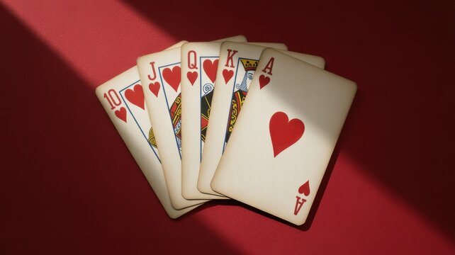 Royal flush heart suit playing cards on red background