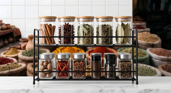 Three Tier Black Metal Spice Rack Filled with Glass Containers Standing on Kitchen Counter