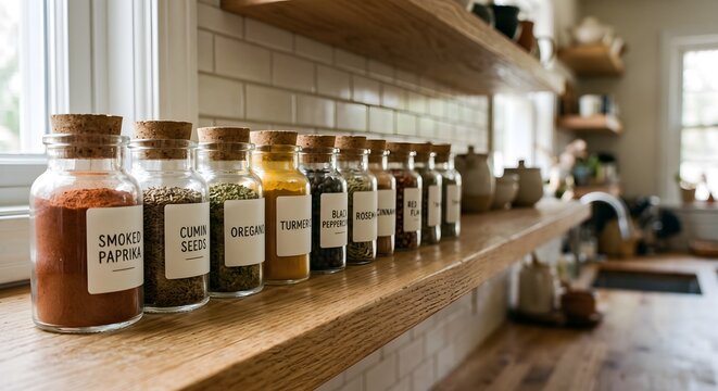 Row of Glass Spice Containers with Cork Stoppers Lined Up on Natural Wooden Pantry Shelf