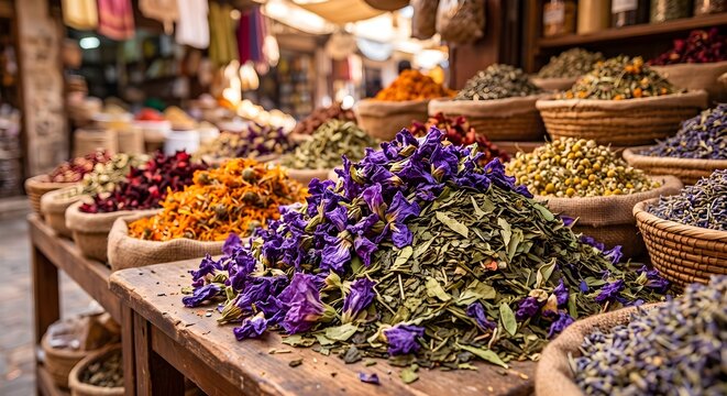 Rustic Wooden Market Display Filled with Baskets of Dried Purple Flowers Green Herbs and Spices
