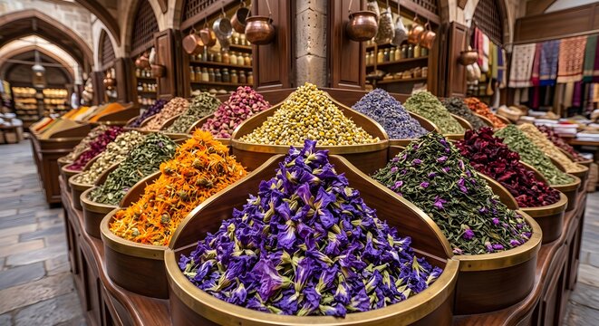 Wide Perspective View of Metallic Trays Packed with Colorful Dried Botanicals and Spices in Souk