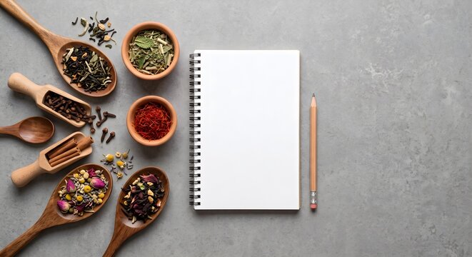 Blank Spiral Notebook Mockup Flat Lay Surrounded by Bowls of Tea Leaves Dried Flowers and Spices