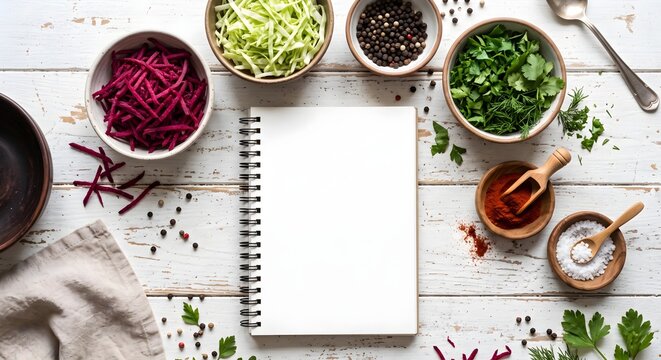 Blank Spiral Notebook Mockup Surrounded by Small Bowls of Shredded Vegetables and Spices Flat Lay