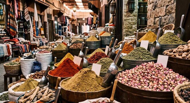 Perspective View of Market Stall Displaying Long Line of Baskets with Ground Spices and Dried Rose Petals