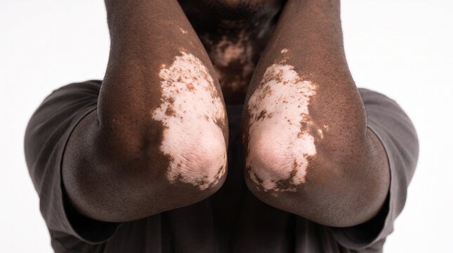 African American man with vitiligo on a clean white background, showing depigmented patches on face, hands, arms, neck and torso with different natural facial expressions, depigmentation, pigmentation