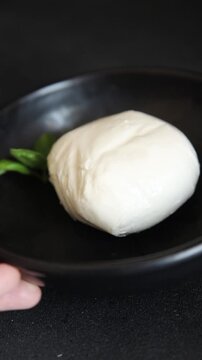 Mozzarella curd cheese mozzarella di bufala appetizer food preparation dish tasty snack fresh and delicious gourmet rustic food background on the table&nbsp; rustic food top view copy space