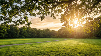 Naklejka premium dappled sunlight filtering through tree branches on lush green grass field during warm golden hour park sunset