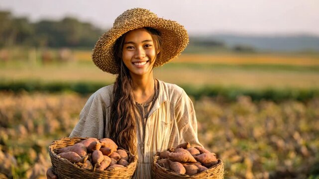 A happy female farmer holds two baskets of fresh sweet potatoes in a field. The concept of harvesting, organic farming and rural life