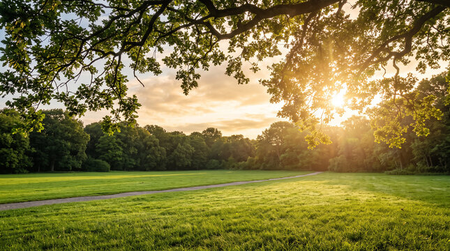dappled sunlight filtering through tree branches on lush green grass field during warm golden hour park sunset