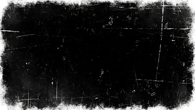 Black grunge texture scratch border background with rough white edge, distressed overlay, worn surface, dark abstract frame