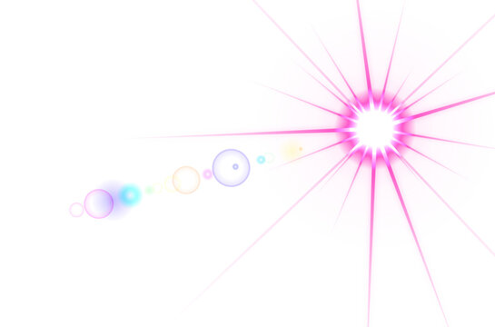 Vibrant pink light burst with glowing colorful rings and radial rays on a dark black background isolated on a transparent background