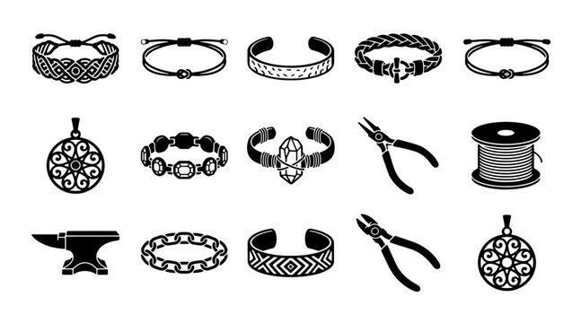 Handmade jewelry making icons, 15 black vector elements. Bracelet and pendant craft tools, jewelry workshop equipment set.