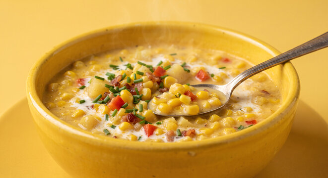 Hot corn chowder soup with cream bacon and chives in yellow bowl