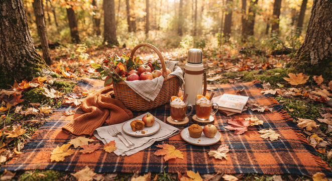 Autumn picnic in forest cozy blanket with wicker basket apples and thermos