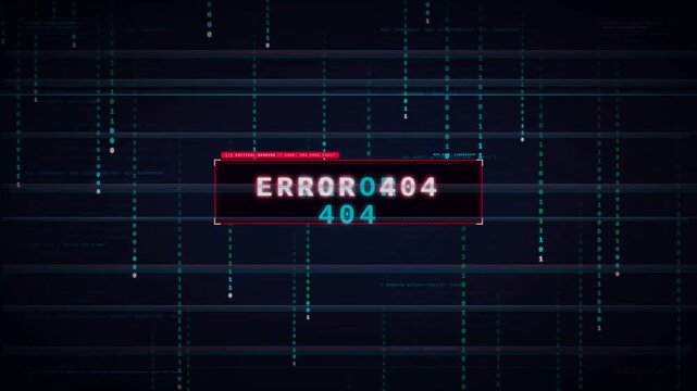 Digital Error 404 screen with glitch effects. Cyber security failure message on dark tech background. Futuristic system crash animation.