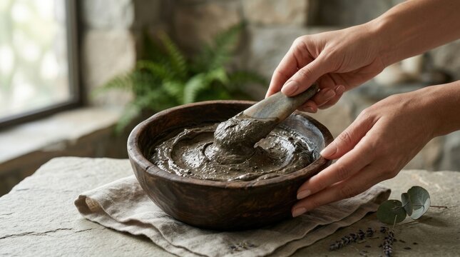 Mud pack cosmetic mixture in wooden bowl, female hands mixing organic clay body treatment, natural wellness spa therapy concept, homemade facial mask preparation on stone surface.