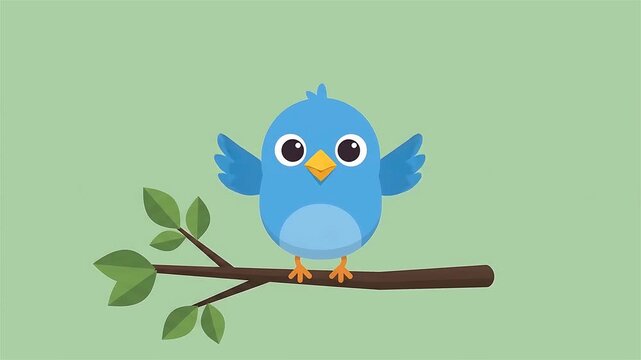 Cute Blue Bird Character Animation on a Branch with Various Expressions and Movements