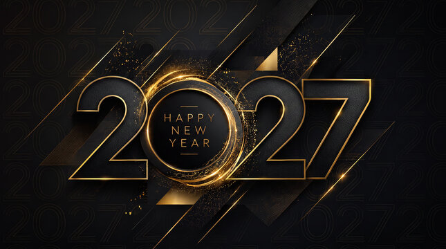Elegant Black and Gold Happy New Year 2027 Luxury Celebration Background with Metallic Numbers and Sparkling Details. Happy New Year 2027