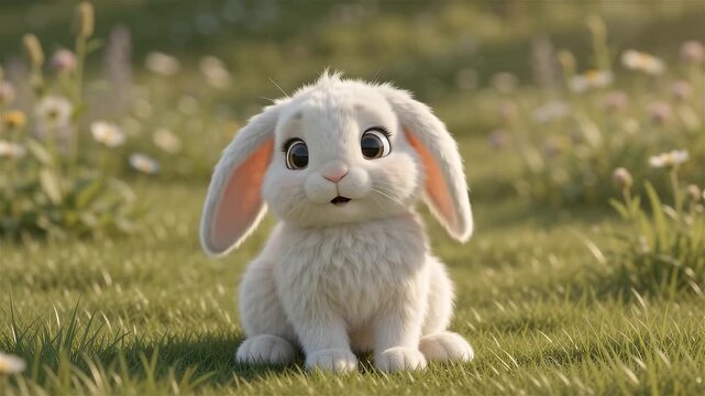 Adorable White Bunny Rabbit in a Lush Spring Meadow with Wildflowers and Green Grass