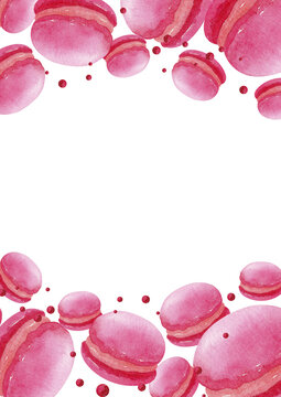 Watercolor pink macaron border with cream filling and large copy space. Sweet bakery background for birthday cards, invitations, banners, menus, packaging, candy bars and dessert design.