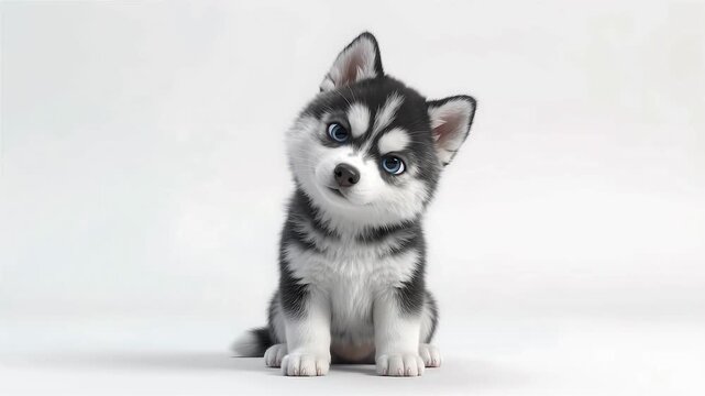 Adorable Animated Husky Puppy with Blue Eyes Tilting Head on White Background