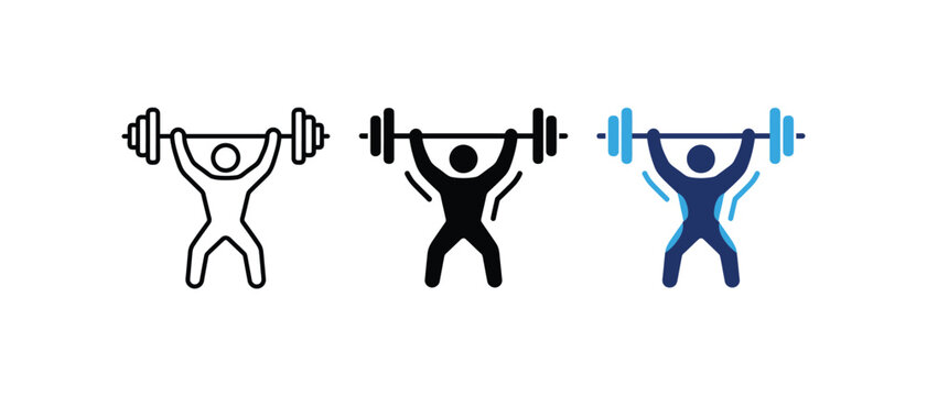 Business strength weightlifting icon, power athlete lifting barbell symbol, financial strength capability sign, corporate effort performance vector graphic. Vector illustration